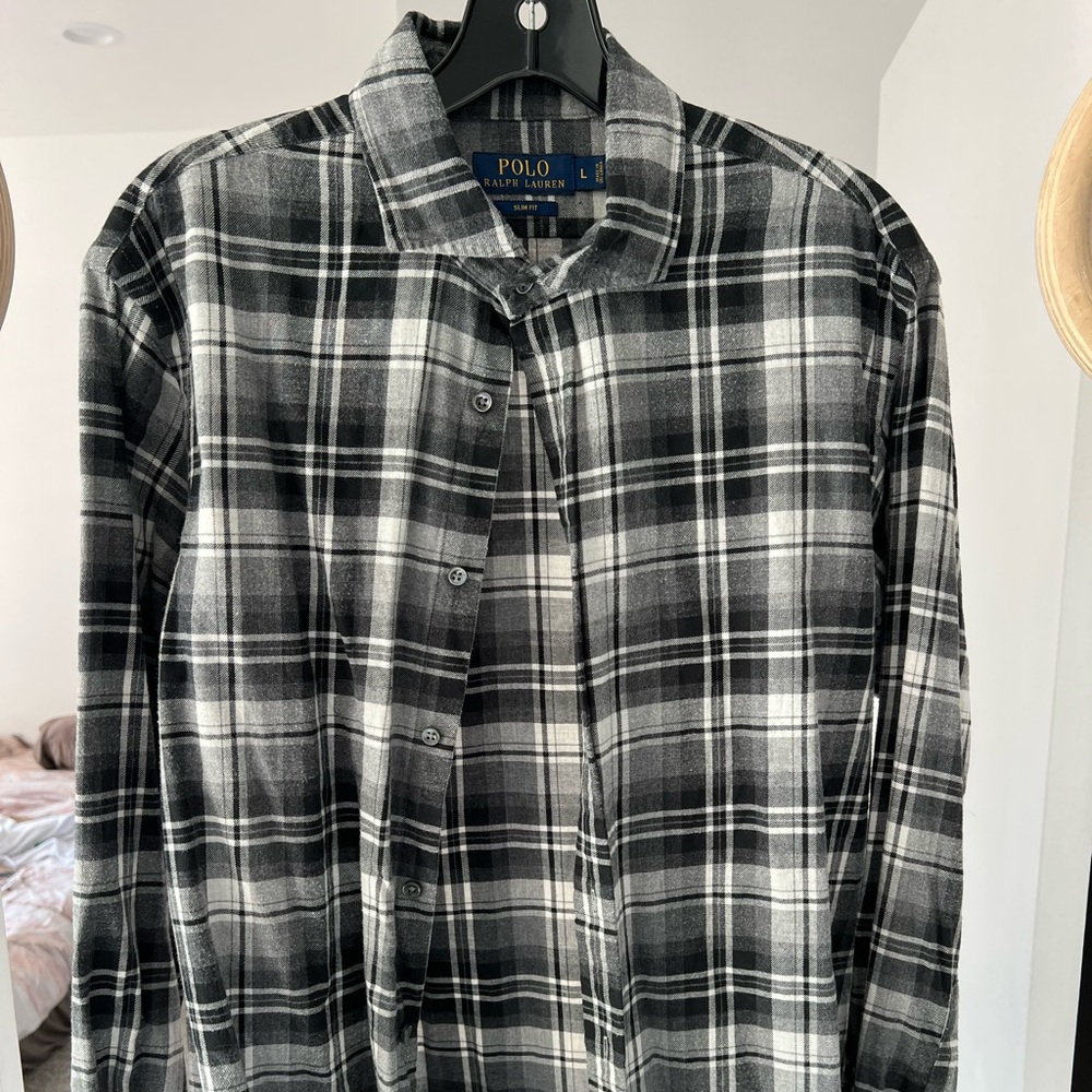 Polo (Mens Large, Tailored) Black & White (Gray) Flannel